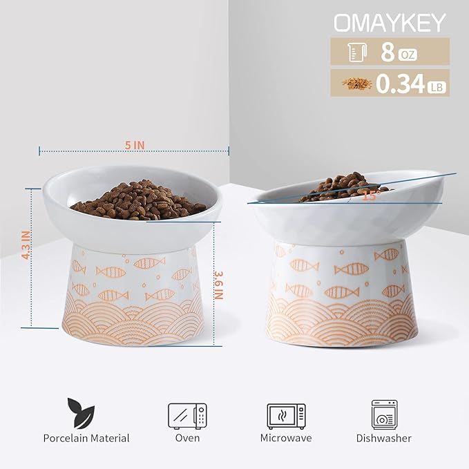 OMAYKEY Ceramic Raised Cat Bowls, Elevated Tilted Cat Food and Water Bowls Set, Porcelain Stress Free Pet Feeder Dish for Kitty Cats and Small Dogs, Dishwasher and Microwave Safe, Set of 2