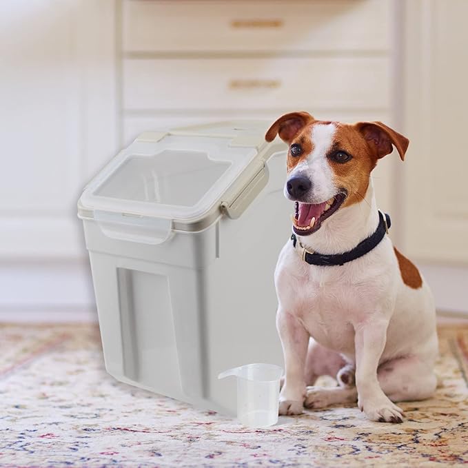 AnRui Dog Food Storage Container with Scoop, Large Airtight Plastic Pet Dog Cat Dry Food Bin, Cereal Grain Organizer Box for Rice, Flour, Snack, Baking Supplies, Kitchen Pantry, 20lb, Grey