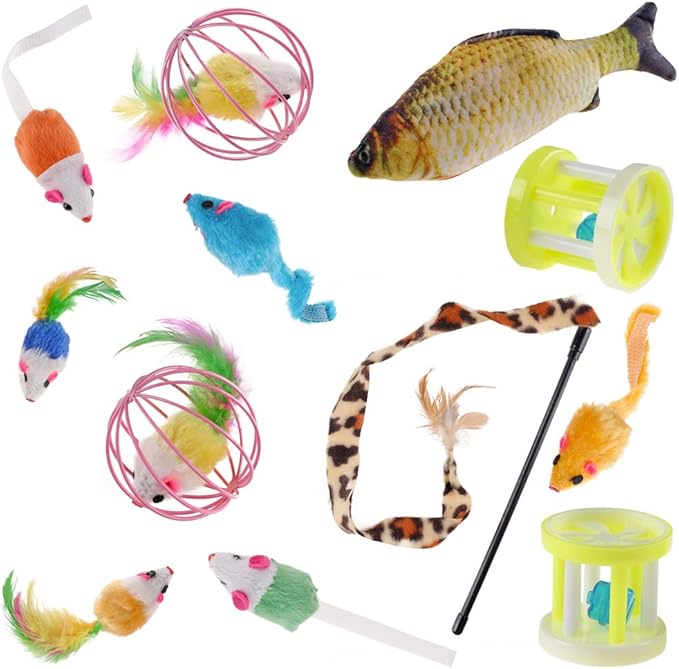 QBSM Cat Christmas Plaid Pet Paw Stockings with 26 Pcs Cat Toys for Cats and Kitten