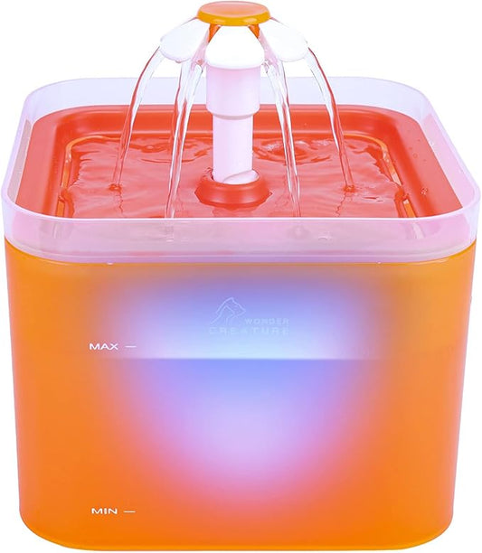 Cat Water Fountain, 67oz/2L Automatic Cat Drinking Fountain, Pet Water Dispenser with LED Light and Filter for Cats and Small Dogs (Orange)
