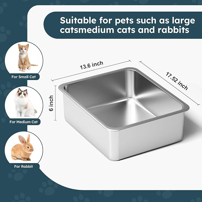 2 Pack Stainless Steel Cat Litter Box - Metal High-Sided Litter Pan for Cats, Rabbits, and Pets, Non-Stick, Odor-Free, Easy to Clean, Splash-Proof, Sturdy and Durable Indoor Cat Toilet Supplies