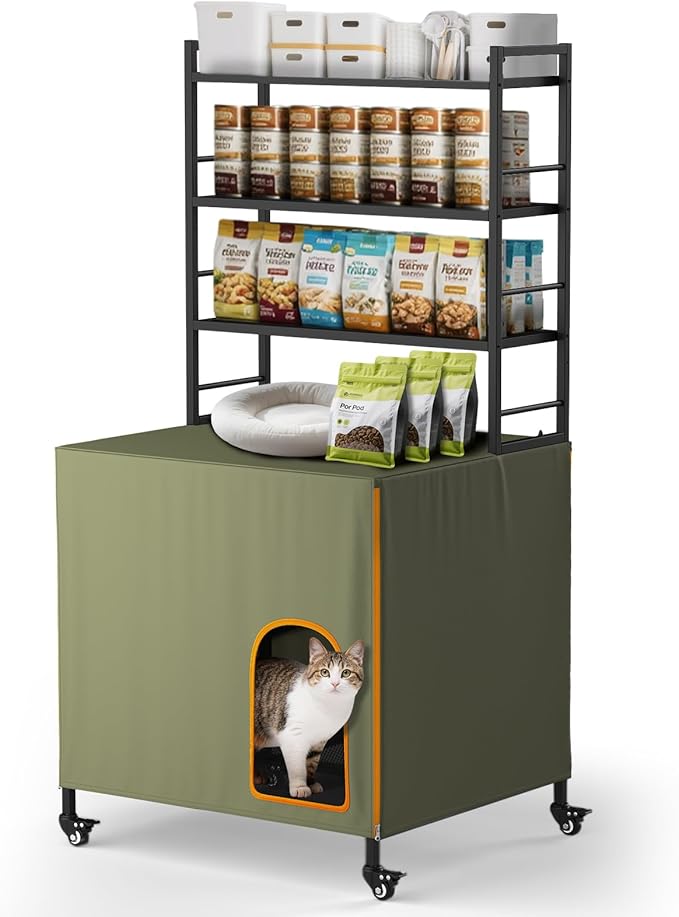 Lekereise Large Hidden Litter Box Furniture, Cat Litter Box Enclosure with Removable Waterproof Cover, Kitty Litter Box Furniture with 3-Tier Adjustable Shelves Storage and Wheels (70.87”H, Green)
