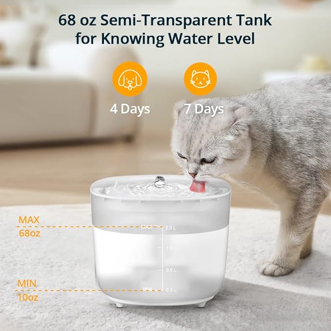 Cat Water Fountain with Wireless Pump, 68oz/2L Ultra Quiet Cat Fountain, Automatic Pet Drinking Fountain for Cats Dogs Inside with 2 Flow Modes, LED Light Indicator, Filter Included