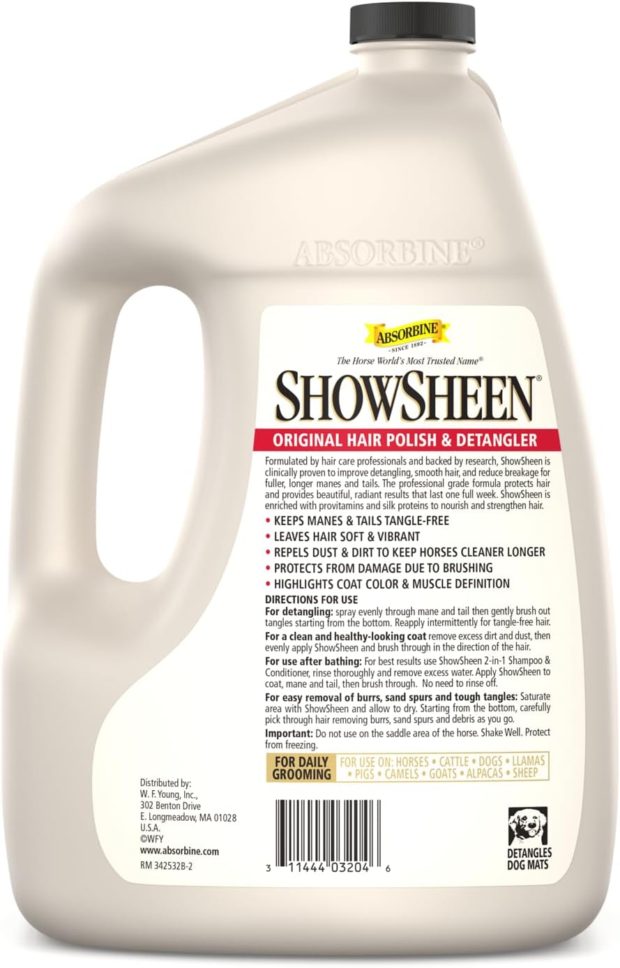 Absorbine ShowSheen Hair Polish & Detangler 128oz Refill Jug, Horse and Dog Coat, Mane and Tail, Instant Detangling & Reduces Hair Breakage for Healthy Grooming & Radiant Shine