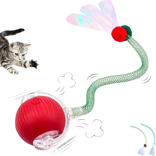 Interactive Cat Toy Balls, Automatic Rolling Cat Ball for Indoor Cats with Bird Chirping Sound & 3 Modes, Rechargeable USB Kitten Toys for Indoor Cats, 2 Fun Flexible Tails Stimulate Hunting Instincts