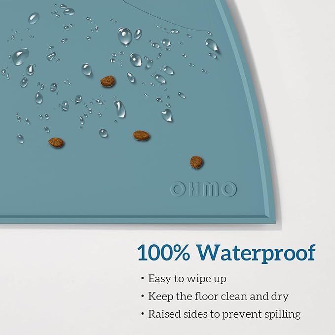 OHMO - Cat Food Mat, Silicone Pet Feeding Mat for Floor Non-Skid Waterproof Dog Water Bowl Tray, Easy to Clean Pet Placemat (Light Blue, 18 * 9.8'')