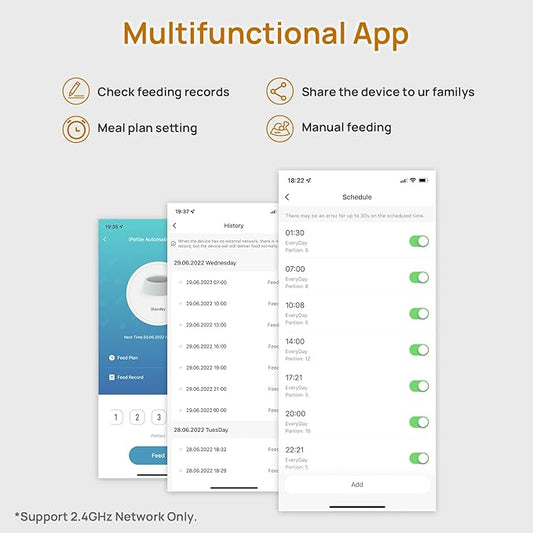 iPettie Automatic WiFi Pet Feeder for 2 Pets, 5L Capacity, 1-10 Meals Per Day, Adjustable Bowl Height, Smart Dog Cat Feeder with 2 Stainless Steel Bowls, 2.4G WiFi App Control for Cats and Small Dogs