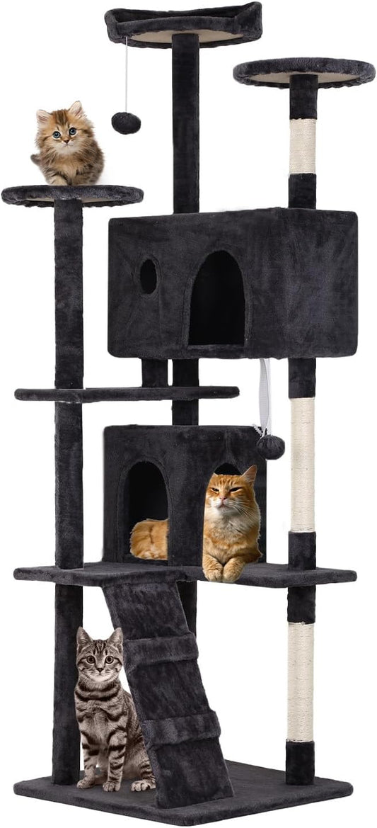 FDW Cat Tree 70in Cat Tower Multi-Level Durable Cat Scratching Post & Cozy Fun Cat Jumping Platform Space Saving Cat Condo Pet Play House for Indoor Cats,Dark Gray