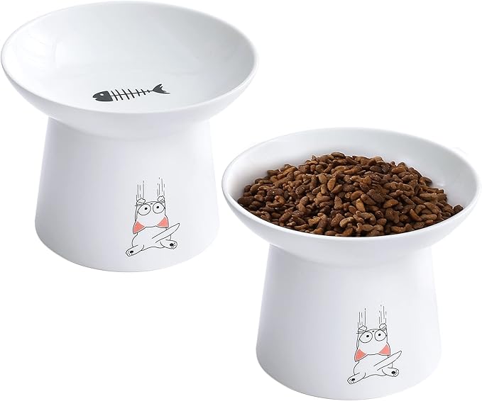 OMAYKEY 6.5 Inch Extra Wide Ceramic Raised Cat Bowls, Upgraded Elevated Porcelain Cat Food Water Bowl Dish, Stress Free Pet Feeder Bowls Dishes for Elder Big Cats & Small Dogs, White