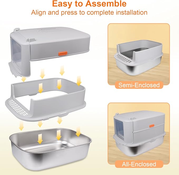 ELEGX Odor-Control Stainless Steel Cat Litter Box,XL Large 4-in-1 Cat Metal Litter Box Set,Enclosed Removable Metal Litter Box with High Sided Enclosure, Mat & Scoop,Extremely Easy to Clean