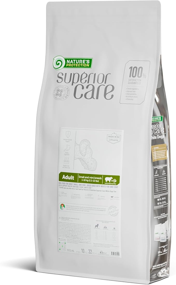 Nature's Protection Superior Care White Dogs Rice Based Dry Dog Food - High Protein, Tear Stain Dog Food for Small & Mini Breeds Light Coated Adult Dogs, Fresh Pet Meal, Lamb and Rice, 22 lb