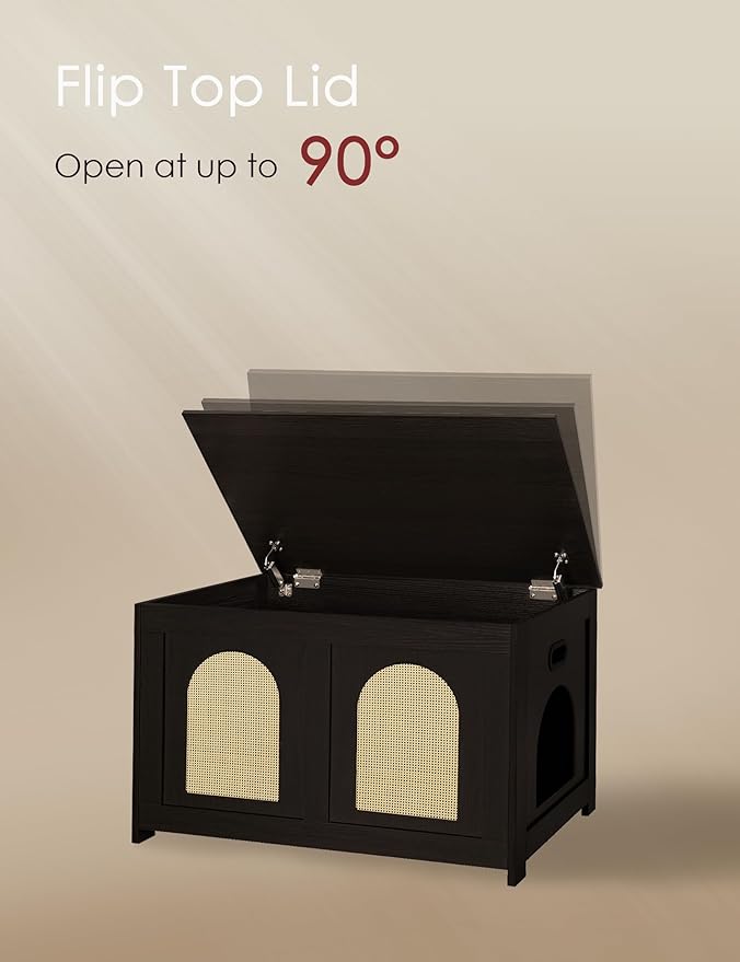 DINZI LVJ Cat Litter Box Enclosure, Flip Top Litter Box Furniture, Rattan-Like Hidden Cat Washroom, Wooden Pet House, End Side Table, 31.5"L x 19.7"W x 19.7"H, Easy to Assemble, Espresso with Rattan