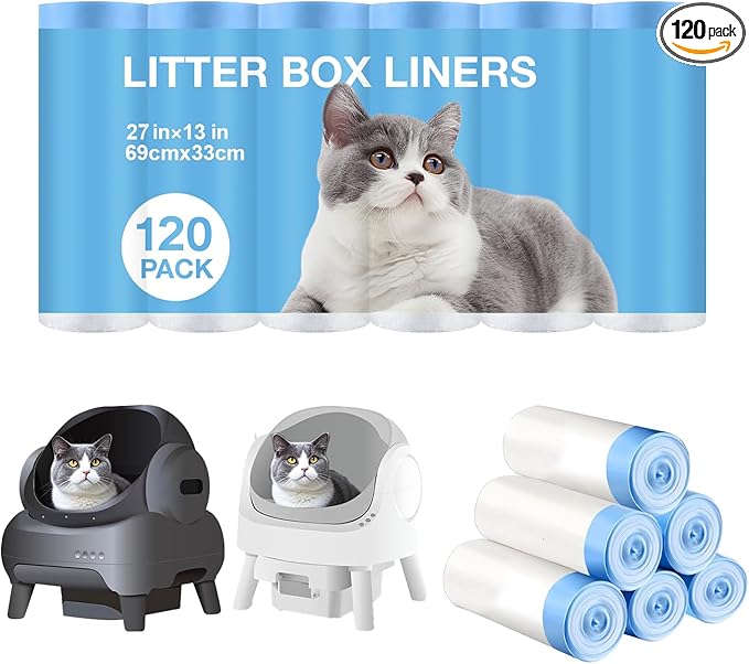 Thicken Cat Litter Bags 120 Pack, cat litter box liners, Leakproof Poop Bags & Waste Bags - Ultimate Odor Control and Leakproof Design,6 Rolls Drawstring Trash Bags for Automatic Litte(27x13 inches）
