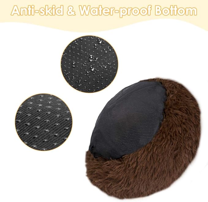 Cat Beds for Indoor Cats - Pet Beds Washable 24 inches, Dog Beds for Small Medium Dogs, Anti Anxiety Round Fluffy Plush Faux Fur Cat Bed, Thick Bottom (Coffee, Large 24" L x 24" W)