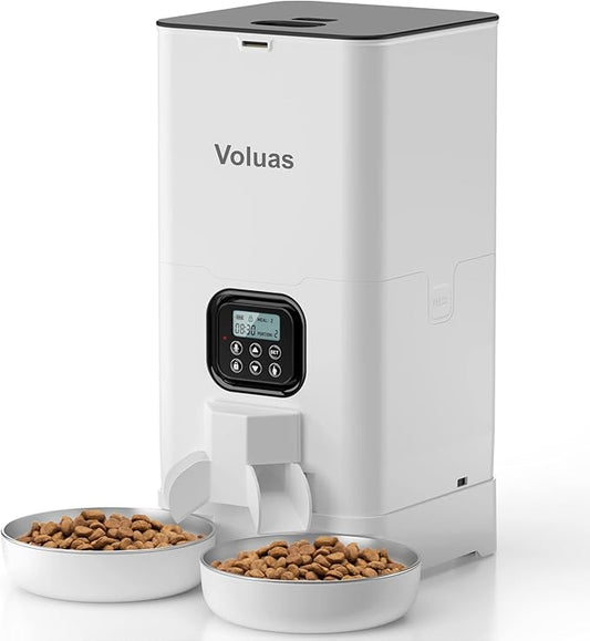 Voluas Automatic Cat Feeder for Two Cats, Double Pet Feeder with 2 Stainless Steel Bowls,6L Timed Cat Feeders with Memory Function