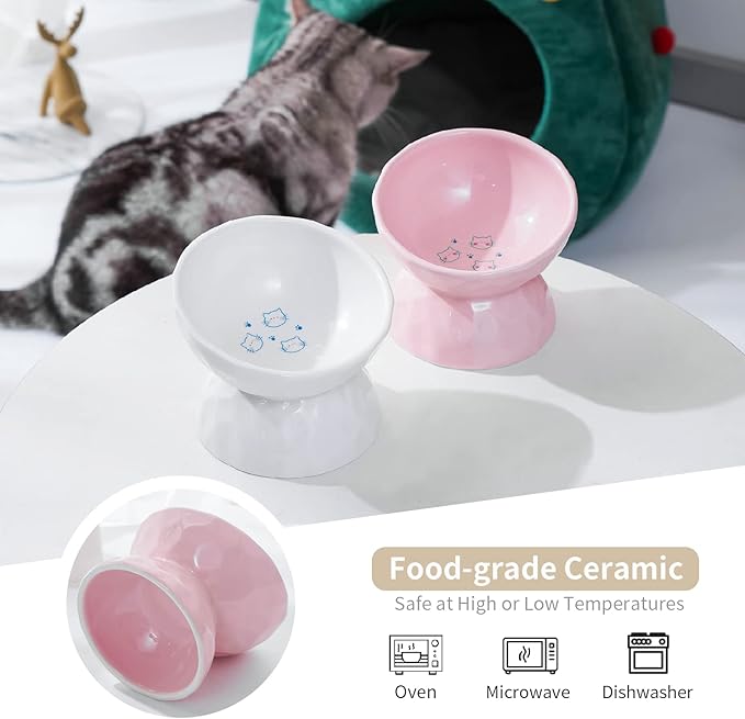 OMAYKEY Ceramic Raised Bowls, Tilted Elevated Food and Water Bowls, Porcelain Stress Free Feeder Bowl Set, Pet Bowl Dish for Cats and Small Dogs, White & Pink, Set of 2