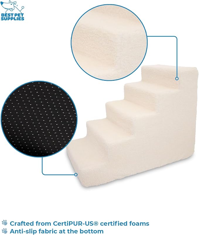 Best Pet Supplies Dog Stairs & Steps - CertiPur-US Made in USA Foam Steps for Small Dogs & Cats, Non-Slip Indoor Balanced Pet Step Support, Dog Ramp, No Assembly, Lambswool, 5-Step (22.5-inch Height)