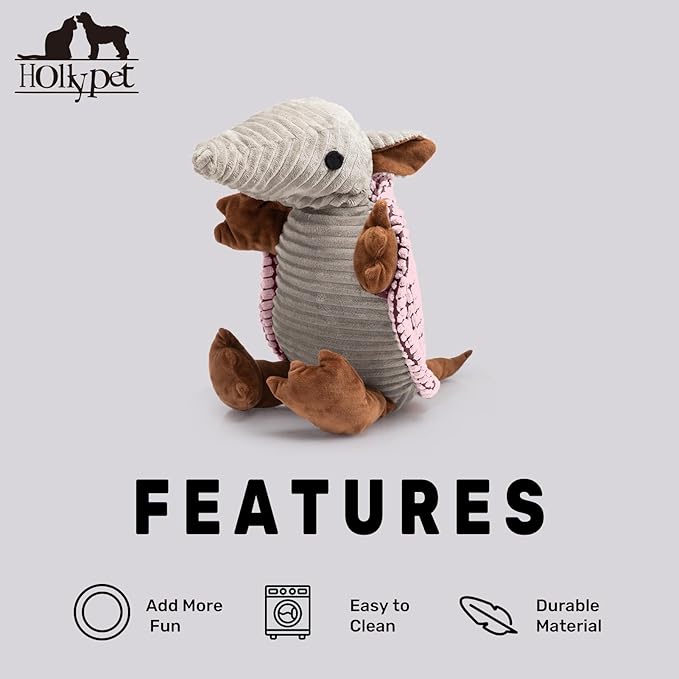 Hollypet Plush Dog Squeaky Toy Stuffed Armadillo Animal Pet Puppy Chew Toys with Clean Teeth for Small Medium Large All Breed Sizes Dogs, Pink, 14 in