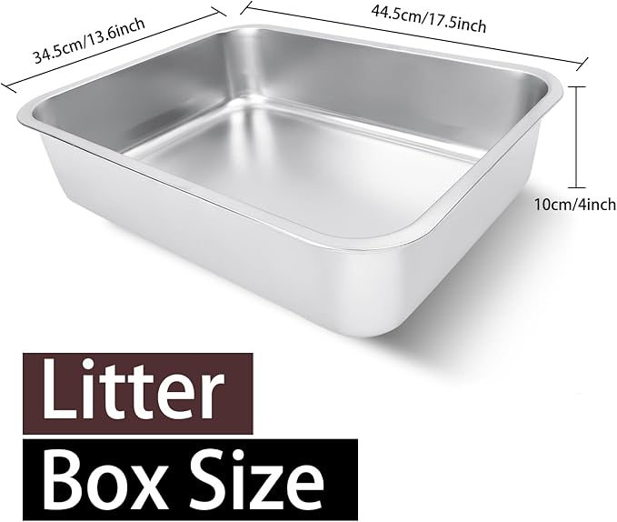 Small Stainless Steel Litter Box, 17.5"×13.6"×4" Metal Litter Box Low Side Easy Entry, Rust-Proof, Non Stick, No Smell, Easy to Clean for Kittens, Elderly Cats, Rabbits