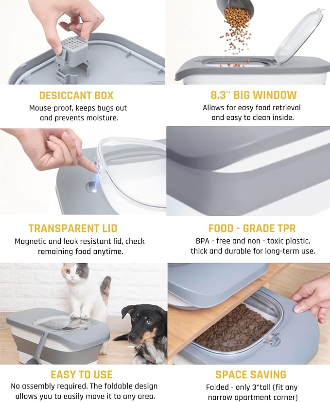 13 Lbs Dog Food Container, Collapsible Dog Food Storage Container with Airtight Lid, Cat Food Storage container Dry Food for Pets, Rice, Cereal, Silicone Pet Bowl and Dog Food Scoop
