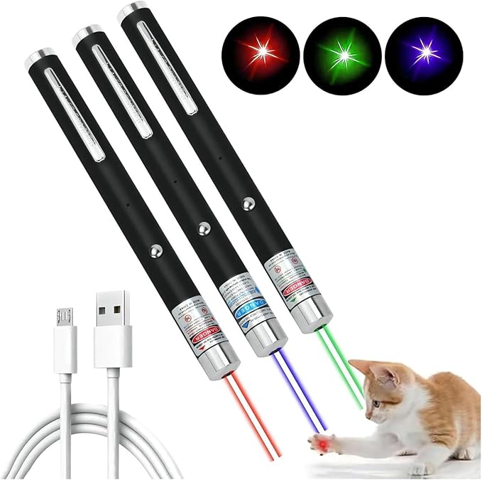 3Pcs Cats Toys USB Rechargeable Green Red Blue Light Lazer Presentation Remotes for Indoor Classroom Interactive Teaching (Mixed Color, USB 3 Pack)