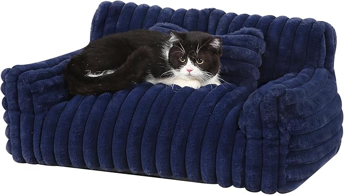 Fluffy Cat Bed, Small Dog Bed with Bone Shaped Pillow, Anti-Anxiety Pet Couch with Washable Cover, Blue