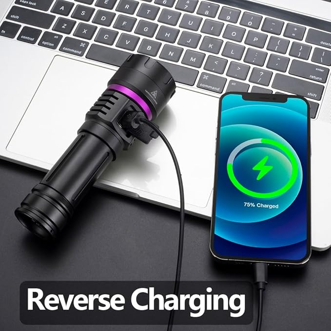 ALONEFIRE SV115 365nm UV Flashlight 30W Powerful Blacklight USB C Rechargeable Black Light for Pet Urine Detector, Scorpion, Resin, Bed Bug, Fishing with UV Protective Glasses, Rechargeable Battery