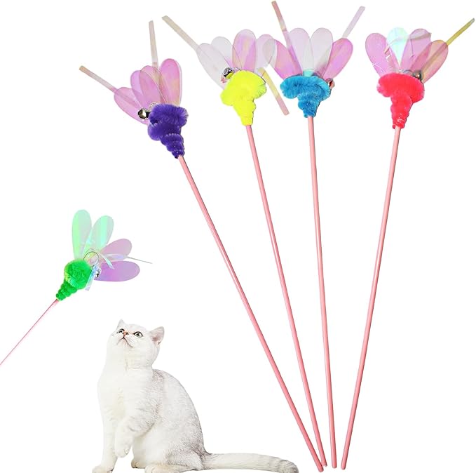 Cat Wand Toy, 4 PCS Insect Kitty Wands Colorful Cat Teaser Wands Interactive Kitten Toys with Bell