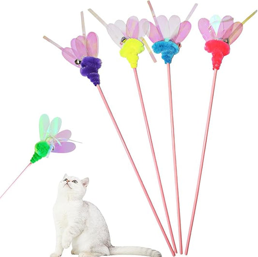 Cat Wand Toy, 4 PCS Insect Kitty Wands Colorful Cat Teaser Wands Interactive Kitten Toys with Bell