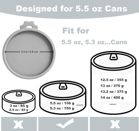 Comtim Cat Food Can Covers Lids for 5.5 oz Cans, 2 Pack Silicone Cat Food Can Lids for 5.5 oz 5.3 oz Cans...Pet Food Can Covers Reusable Can Toppers Savers for Wet Food (Grey)