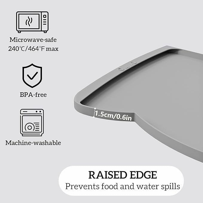 OHMO Dog Food Mat(Ash, 24 * 15'') w/Residue Collection Pocket Silicone Pet Feeding Mat for Floor High Edges Anti Spills Waterproof Cat Water Bowl Tray, Easy Clean Placemat