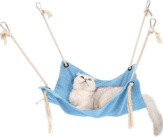 Breathable Linen Cat Hammock with Cotton Ropes in Clean Solid Colors, Minimalist Design for Cages Machine Washable (Blue)
