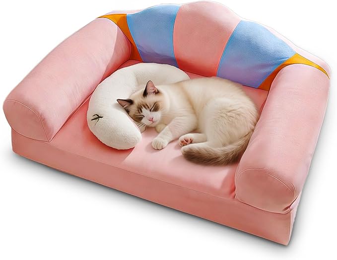 Cute Cat Couch with Soft Pillow, Supportive Dog Couch, Cat Sofa with Removable Cover，Cute Rainbow Shaped, 24 Inch