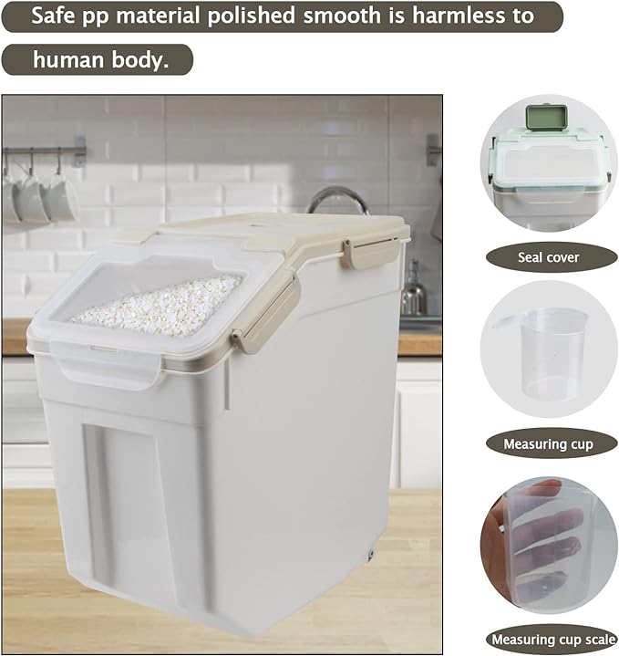 AnRui Airtight Flour Storage Container 25lb, Plastic Grain Storage Bucket, Rice Cereal Dispenser Organizer Box with Lid, Cat Dog Food Storage Bin with Measuring Cup, Scoop, Wheels, 2Pcs Grey