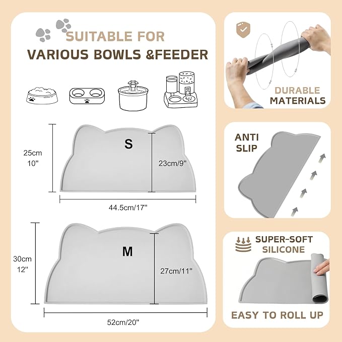 Cat Food Mat, Silicone Pet Feeding Mat for Floor Non-Slip Waterproof Dog Water Bowl Tray Cushion (17" x 10", Light Gray)