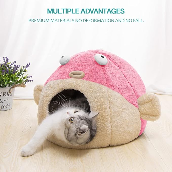 Cat Beds for Indoor Cats - Cat Bed Cave with Removable Washable Cushioned Pillow, Soft Plush Premium Cotton No Deformation Pet Bed, Lively Pufferfish Cat House Design, Pink, Multiple Sizes(L)