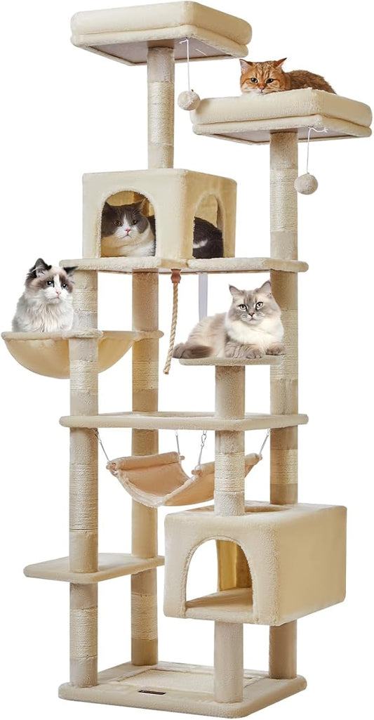 Taoqimiao Cat Tree, 71-Inch Cat Tree Cat Tower for Indoor Cats, Plush Multi-Level Cat Condo with 10 Scratching Posts, 2 Perches,Basket, 2 Caves,Hammock, 2 Pompoms,MS020M Beige