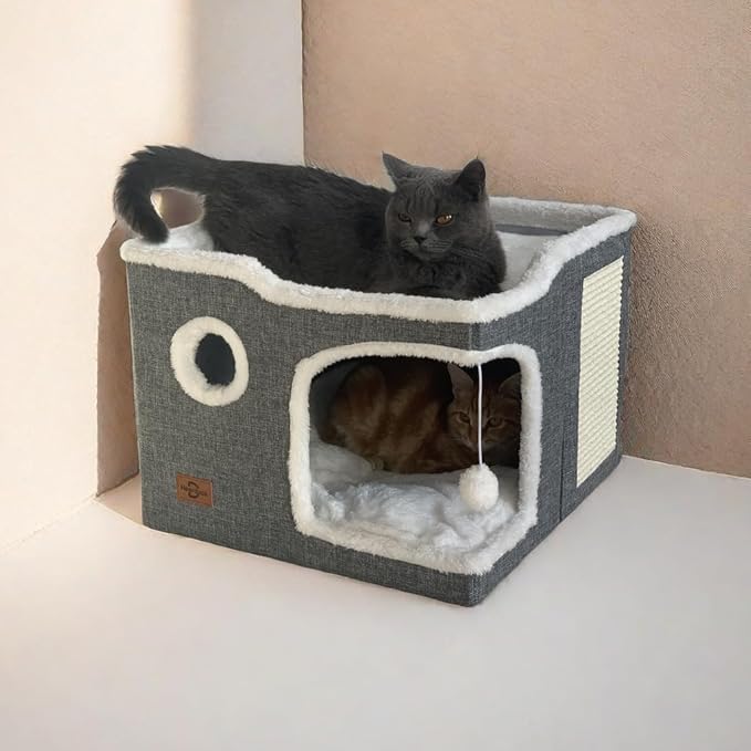 Cat Bed for Indoor Cats,Covered Cat Cave House & Furniture with Scratch Pad,Foldable Cat Hideaway Hut Cute Cat Condo with Soft Washable Mat for Multi Small Pet Under 30 lbs,Dark Grey
