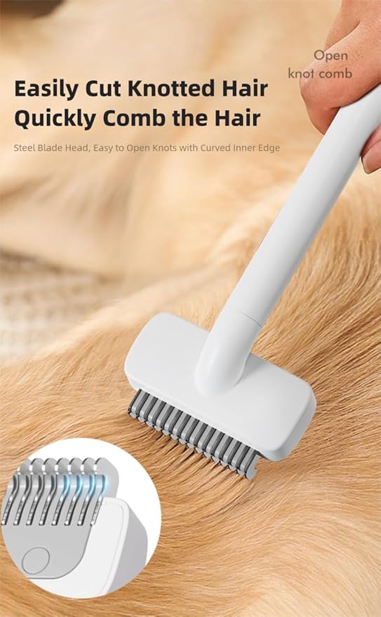 One-Click DeMatting Pet Comb for Small Dogs and Cats,Deshedding Brush, Quick Knot Remover with Stainless Steel Blade, Safe Rounded Edges, Effortless Hair Removal Grooming Tool