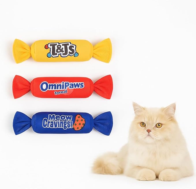Catnip Candy Toys for Indoor Cats – 3-Pack Crinkle Cat Toys with Catnip Pouches, Durable Canvas & Soft Filling, Cat Chew Toys for Kittens & Adults (Mix Color)