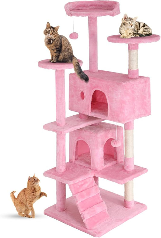 FDW Cat Tree 54in Cat Tower Multi-Level Durable Cat Scratching Post & Cozy Fun Cat Jumping Platform Space Saving Cat Condo Pet Play House for Indoor Cats,Pink