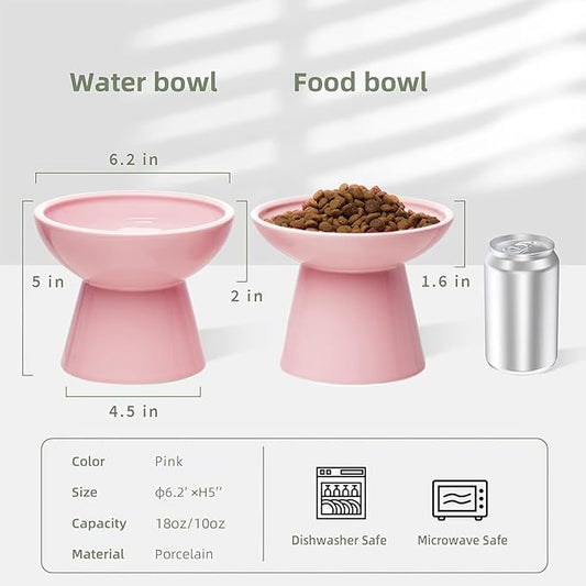 2 Elevated Cat Bowls Extra Wide for Food & Water – Whisker Fatigue, Ceramic Wide Shallow Food Dish, Lead & Cadmium Free, Raised Height for Cats, Pink