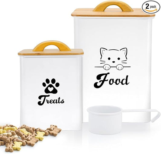 Cat Food Storage Container with Scoop, 2PCS Cat Food Storage Container with Lids Airtight, Cat Treat Jars for Kitchen Counter-7+3Lbs, Cat Cookie Jar for Storage, White
