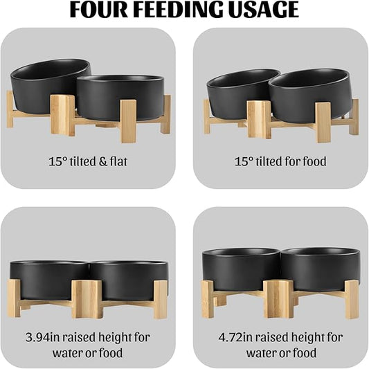 SPUNKYJUNKY 15° Slanted Ceramic Dog and Cat Bowl with Wooden Stand, Tilted Bulldog Food and Water Bowl No Slip Non-Spill for Cats Medium Dogs Big Face Pets 28.7 OZ (3.6 Cups, Black × 2)
