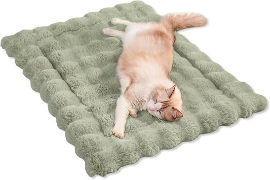 Cat Beds for Indoor Cats Faux Fur Pet Mat Cute Kitten Plush Bed with Non-Slip Bottom for Carriers/Sofa Dog & Puppy Friendly 35 x 27 Inch Green