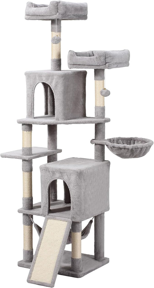 Cat Tree, 70-Inch Cat Tree Tower with Hammock, Scratching Post, Condo and Multi-Level Cat Tower, Large Cat Activity Center Playhouse, Light Gray LCT015