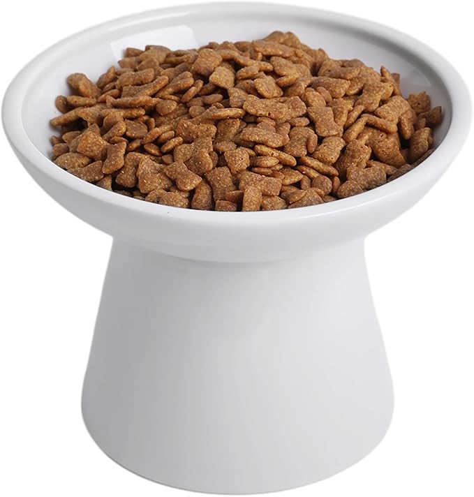 Extra Wide Elevated Cat Feeder Set, Ceramic Cat Bowl with Food & Water, Shallow Dish to Prevent Whisker Fatigue, Lead & Cadmium Free - Great Height for Adult Cats (White, 1 pc)