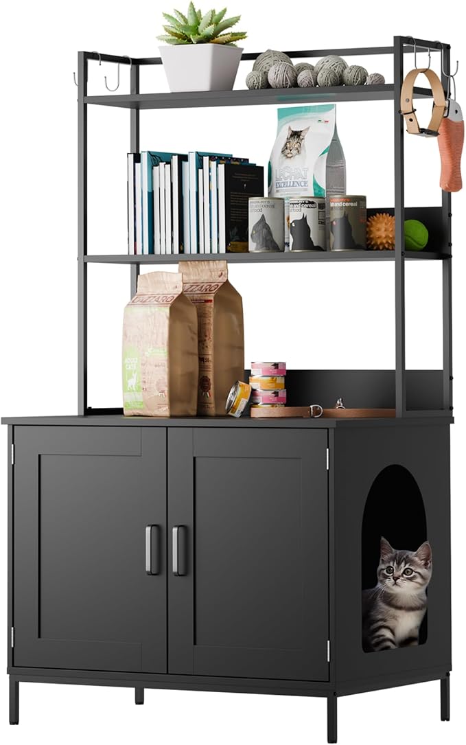 Cozy Castle Litter Box Enclosure, 57'' Cat Litter Box Furniture with Large Cabinet, Shelves and 4 S-Hooks, Hidden Cat House for Most of Litter Boxes, Wooden Pet Washroom Indoor, Black