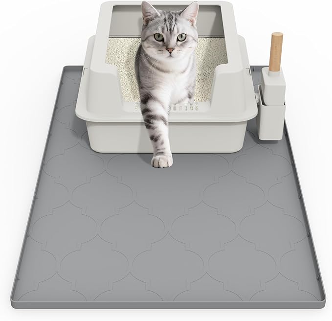 Cat Mat for Litter Box, 34" X 22" Large Silicone Cat Litter Trapping Mat, Easy Clean for Scatter Control, Soft on Kitty Paws, Waterproof, Urine-Proof, Non-Slip Kitty Litter Mat for Floor, Gray