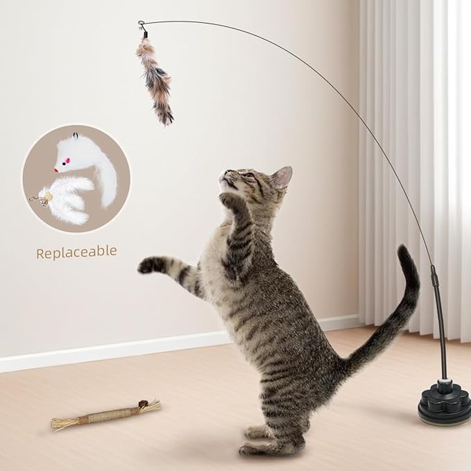 Suction Cup Cat Toys for Indoor Cats,3 in 1 Suction Cup Cat Toy,Interactive Simulation Cat Toy Set Self Play or Handheld,Feathers & Bells,Realistic Toy Mouse and Silvervine Sticks (Blue)